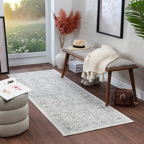 Surya Palermo Vintage Teppich Läufer Flur, Esszimmer - Teppich Wohnzimmer, Rugs Living Room - Boho Teppich Orientalisch Style, Kurzflor Carpet - Läufer Dunkelweiß, Grau, Anthrazit 80x150cm von Surya