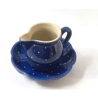 Vintage Milch - Und Milchkännchen Aus Keramik in Dunkelblauem Weißem Tupfendesign | Krug Handgemacht Deutschland von SustainableVintFinds