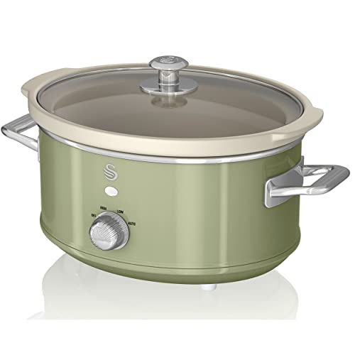 Swan Retro SF17021GNEU Slow Cooker 3,5L Abnehmbarer Kochbehälter, PFOA- und PTFE-freier Keramischer Antihaft-Behälter, 3 Temperaturstufen, Glasdeckel, Vintage-Design, Grün, 200W von Swan