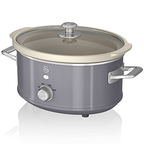 Swan Retro SF17021GRNEU Slow Cooker 3,5L Abnehmbarer Kochbehälter, PFOA- und PTFE-freier Keramischer Antihaft-Behälter, 3 Temperaturstufen, Glasdeckel, Vintage-Design, Grau, 200W von Swan