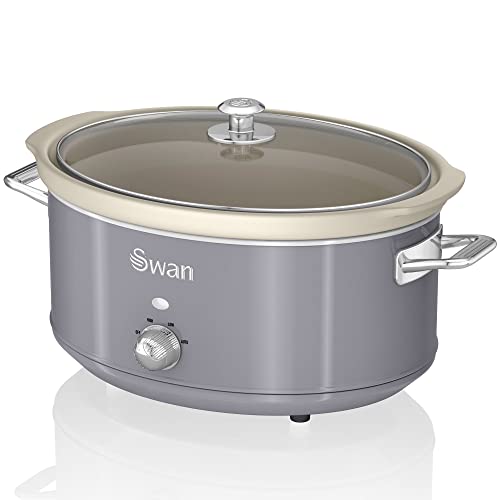 Swan Retro SF17031GRNEU Slow Cooker 6,5L Abnehmbarer Kochbehälter, PFOA- und PTFE-freier Keramischer Antihaft-Behälter, 3 Temperaturstufen, Glasdeckel, Vintage-Design, Grau, 320W von Swan