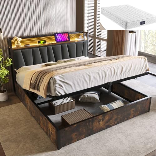 Sweiko Gepolstertes Bett 160 x 200 cm, LED-Metallbett, Doppelbett, Bettrahmen für Erwachsene mit USB-Aufladung, Aufbewahrungsbett mit Lattenrost (mit Matratze) von Sweiko