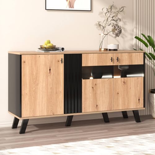 Sweiko Sideboard,Kommode Wohnzimmer mit LED-Licht und Glas,Küchenschrank mit 3 TüRen,Holz und Schwarz Buffetschrank,Aufbewahrungsschrank für Esszimmer,Eingang und Flur(Schwarz und Natural) von Sweiko