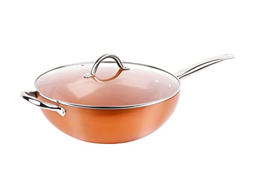 Swiss Pro+ Wokpfanne mit Deckel - Aluminium Pfanne Induktion 28cm - Wok für Induktionsherd - Bratpfanne 28 cm hoher Rand - Antihaftbeschichtung - Beschichtete Pfanne 28cm - Kupfer Look von Swiss Pro+