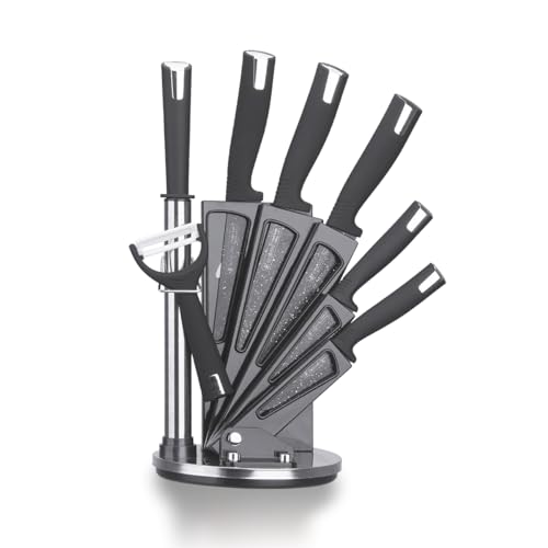 Swiss Pro+ Küchenmesser scharf set 8-teilig - Edelstahl - Kitchen knife set - 8er Messerset mit u.a. Kochmesser, Gemüsemesse und Messerblock - Grau von Swiss Pro+