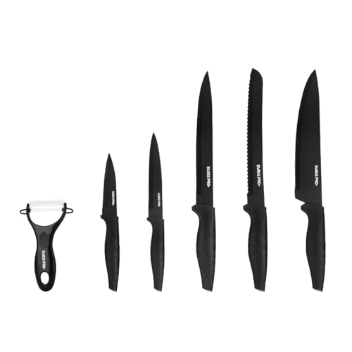 Swiss Pro+ Küchenmesser scharf set 6-teilig - Edelstahl - Kitchen knife set - 6er Messerset mit u.a. Kochmesser und Gemüsemesse - Schwarz von Swiss Pro+