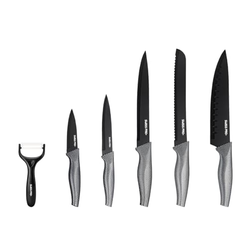 Swiss Pro+ Küchenmesser scharf set 6-teilig - Edelstahl - Kitchen knife set - 6er Messerset mit u.a. Kochmesser und Gemüsemesse - Schwarz von Swiss Pro+