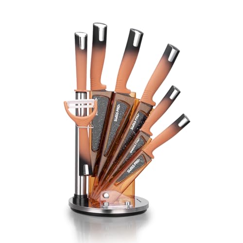 Swiss Pro+ Küchenmesser scharf set 8-teilig - Edelstahl - Kitchen knife set - 8er Messerset mit u.a. Kochmesser, Gemüsemesse und Messerblock - Orange von Swiss Pro+