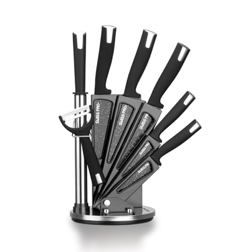 Swiss Pro+ Küchenmesser scharf set 8-teilig - Edelstahl - Kitchen knife set - 8er Messerset mit u.a. Kochmesser, Gemüsemesse und Messerblock Schwarz von Swiss Pro+