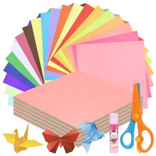 Swpeet 6x 6 Zoll Quadrat 500 Blätter 20 Farben Origami Papier Kit mit Klebestift und Schere, doppelseitiges Farbquadratisches Faltpapier für DIY Schule Kunst Handwerk Projekte Kinder Erwachsene von Swpeet