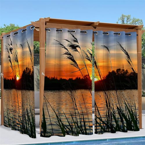 Sonnenuntergang Outdoor Vorhang Wetterfest, 3D Verdunkelungsvorhang Outdoor Vorhänge Wasserdicht Sonnenschutz Sichtschutz Outdoor Gardinen mit Ösen, 2 Stück 132 x 213 cm, Schilf von Syhi Qlty