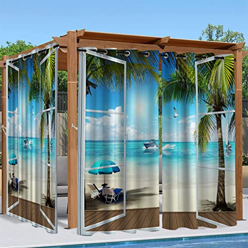 Syhi Qlty Outdoor Vorhang Wetterfest, Verdunkelungsvorhang Outdoor Vorhänge Wasserdicht Sonnenschutz Sichtschutz Outdoor Gardinen mit Ösen, 1 Stück 132 x 213 cm, 3D Meer Strand Urlaub von Syhi Qlty