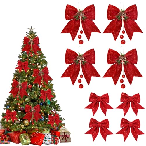 Sykerout 8Pcs Weihnachtsschleifen, Dekoration für Kränze, große Weihnachtsbaumschleife, red Glitter Sequin Bow, Large Christmas Tree Bow, Weihnachtsdekorationsschleifen für Zuhause, Weihnachtsfeier von Sykerout