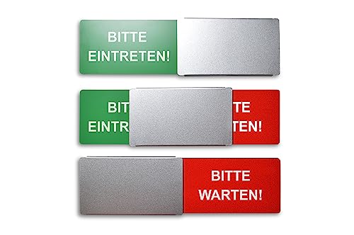 Frei/Besetzt-Schild Style: Bitte EINTRETEN/Bitte WARTEN 175x50mm - Design Made in Germany - Gravierte Buchstaben - Rahmenloses Schild mit Metallschieber - 2 Klebepads der renommierten Marke 3M von SynMe