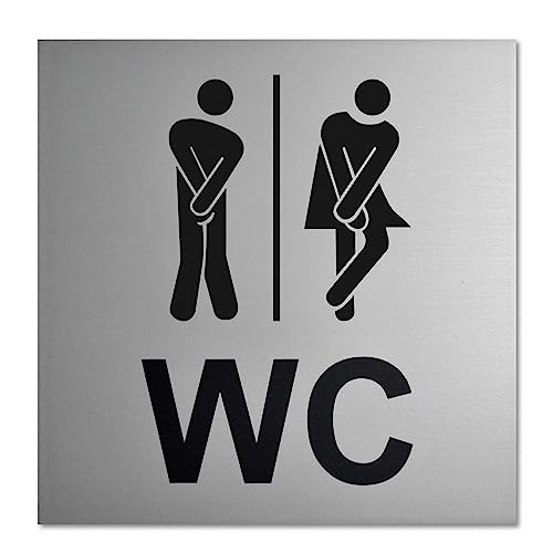 Lustiges WC Schild - Aluminium eloxiert - Schick & edel (12x12cm) Starke Klebefläche auf Rückseite 3M - Toilettenschild - Herrentoilette - Damentoilette - Türschild Toilette - Herren WC - Damen WC (1) von SynMe