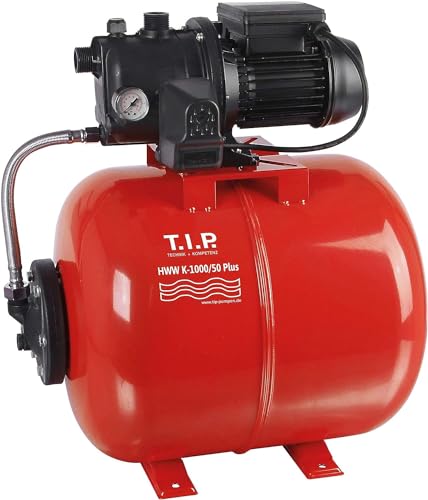 T.I.P. Hauswasserwerk 50 Liter Kessel (3.500 l/h Fördermenge, 46 m Förderhöhe, 4,6 bar Druck, 800W, Installationsfertige Druckschaltung, Stahl-Druckkessel, GFK Pumpengehäuse) HWW K-1000/50 Plus, 30189 von T.I.P.