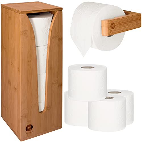 TAKE® Ersatzrollenhalter Toilettenpapier Aufbewahrung [4 Rollen] + inkl. Toilettenpapierhalter Holz für die Wand - Platzsparende Klopapier Aufbewahrung aus 100% Natur Bambus, Klorollenaufbewahrung von TA · KE