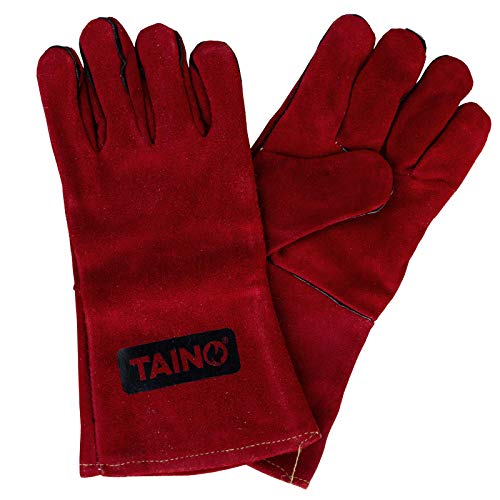 TAINO Grillhandschuhe Leder Hitzebeständig Kaminhandschuhe Feuerfest Ofenhandschuhe mit Fingern Universalgröße Rot von TAINO
