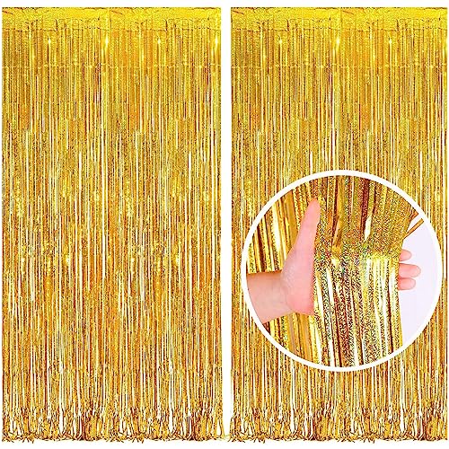 TAKUZA Lametta Vorhang Gold Gold 2 Stück, Lametta Vorhänge Gold Glitzer 1m x 2,5m, Glitzervorhang Lametta, Lametta Gold Lang Geeignet für Geburtstag Hochzeit Graduation Festliche Party Deko von TAKUZA