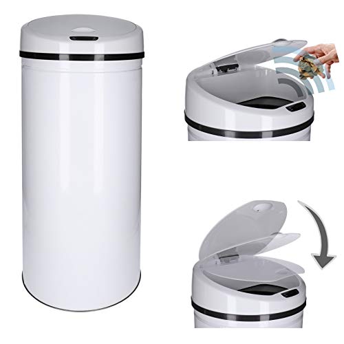 TALK-POINT Sensor- Abfallbehälter 30-60 Liter mit Abfallbeutelbefestigung, elektrischer Mülleimer, lackierter Stahl, rechteckig automatisches Öffnen/Schließen, Bewegungssensor (50 Liter, Weiß, Rund) von TALK-POINT