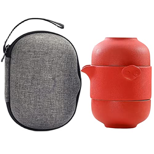 TAMUME Reise-Teeset für 2 Personen Teekanne und Teetassen aus Porzellan mit Tragbarer Reisetasche (Rot) von TAMUME