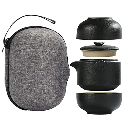 TAMUME Reise-Teeset für 2 Personen Teekanne und Teetassen aus Porzellan mit Tragbarer Reisetasche (Schwarz) von TAMUME