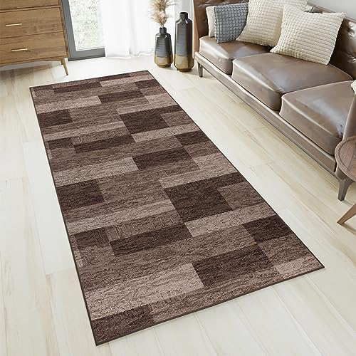 TAPISO Anti Rutsch Teppich Läufer rutschfest Brücke Meterware Modern Dunkelbraun Braun Viereck Geometrisch Design Flur Küche Wohnzimmer Diele 100 x 140 cm von TAPISO