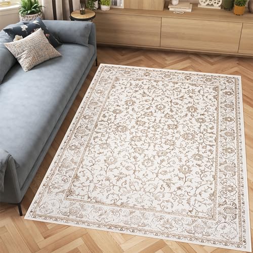 TAPISO Hera Teppich Kurzflor Glänzend Creme Beige Braun Traditioneller Teppich Rahmen Blumen 3D Effekt Wohnzimmer Schlafzimmer Modern Design ÖKO-TEX 80 x 150 cm von TAPISO