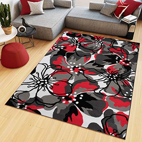 TAPISO Maya Teppich Wohnzimmer Kurzflor Modern Floral Blumen Design Schwarz Grau Rot Weiß Schlafzimmer Kinderzimmer ÖKOTEX 80 x 150 cm von TAPISO