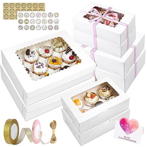 TAVADA 18 Stück Cupcake Box,Cupcake Muffin Box mit Fenster,Cupcake-Box Muffin Box,mit Seil und Stickern,Grußkarte,Ideal für Kuchen Dekorieren und Cupcake Transportbox(White) von TAVADA