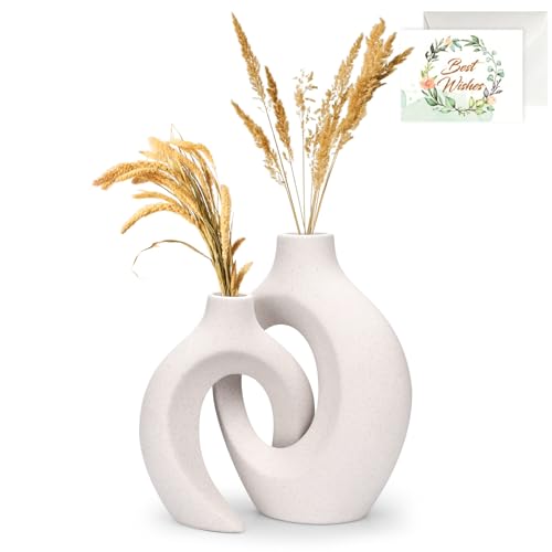 TAVADA Weiße Keramikvase,Set mit 2 Pampasgras vasen,vasen deko,Moderne Keramik Deko Vase,Boho Nordic Minimalismus Stil Blumenvasen,Vase Matt von TAVADA