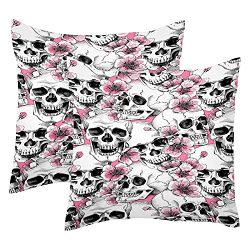 TBOUOBT Packung mit 2 Samt-Kissenbezügen, quadratischer Kissenbezug, Kissenbezug für Couchbett,Rosa Blumen Schädel Retro von TBOUOBT