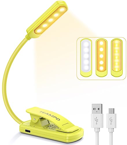 TEAMPD Leselampe Buch Klemme, Buchlampe mit 10 LEDs, 3 Farbtemperatur Modi, Stufenlose Helligkeit Augenschutz Klemmlampe, USB Wiederaufladbare Klemmleuchte,360° Flexibel für Nachtlesen ins Bett,Jaune von TEAMPD