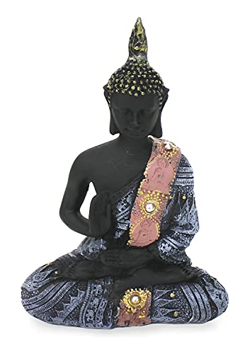 TEMPELWELT® Deko Figur Buddha Statue Amoghasiddhi sitzend 15 cm, Polystein schwarz alt-rosé, Dhyani-Buddha Dekofigur Thai Buddha Statue Buddhafigur von TEMPELWELT
