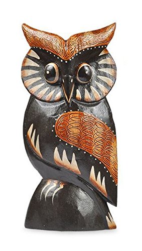 TEMPELWELT Deko Figur Eule Wula schwarz braun aus Albesia Holz, Höhe 15 cm groß, Holzfigur Uhu Kunsthandwerk aus Bali handgefertigt von TEMPELWELT