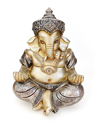 TEMPELWELT® Deko Figur Ganesha 21 cm, Polystein Champagner Gold antik-Silber, Elefantengott Statue sitzend, Hindu Gott Ganesh Elefant, Buddha Indien Asien von TEMPELWELT
