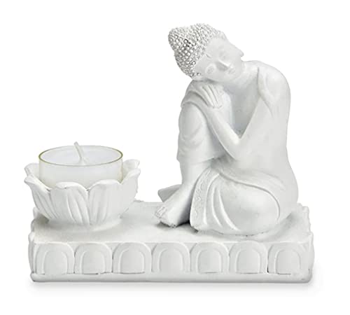 TEMPELWELT® Deko Figur Ruhender Buddha sitzend mit Teelichthalter 14 x 12 cm, Polystein weiß, Dekofigur Buddha Gauthama schlafend ruhend mit Kerzenhalter von TEMPELWELT
