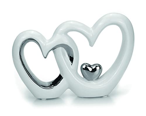 TEMPELWELT® Deko Figur doppeltes Herz Herzchen Paar, 13 x 19 cm, Keramik Weiß Silber Chrom, verschlungene Herzen Herzfigur Dekoherz für Hochzeit Verlobung von TEMPELWELT