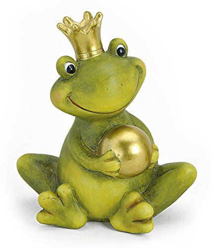 TEMPELWELT® Deko Garten Figur Frosch Froschkönig 15 cm, Polystein Grün Beige Mit Goldkugel, Dekofigur Märchenfrosch Gartendeko Tierfigur für Frühling Sommer Herbst von TEMPELWELT