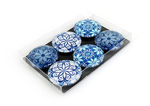 6 x Magnet Deko Kühlschrankmagnet rund im Set Ø 3 cm aus Glas blau weiß Mosaik mediterrane Kacheloptik, floral Blumendekor Glasmagnet von TEMPELWELT