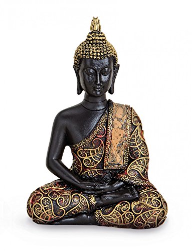 TEMPELWELT® Deko Figur Buddha Statue Amithaba sitzend 15 cm, Polystein schwarz Gold rot, Dhyani-Buddha Dekofigur Thai Buddha Statue Buddhafigur von TEMPELWELT