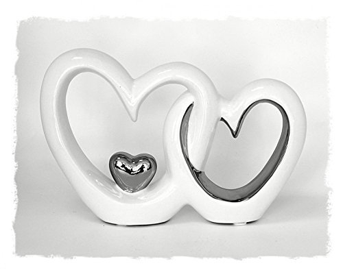 TEMPELWELT® Deko Figur verschlungene Herzen, 13 x 19 cm, Keramik Weiß Silber Chrom, Herzchen Paar, Doppeltes Herz Herzfigur Dekoherz für Hochzeit Verlobung von TEMPELWELT