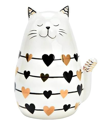 TEMPELWELT Deko Figur Katze Kätzchen mit Herz 13 cm hoch, Keramik weiß Gold schwarz, Dekofigur Katzenfigur Keramikfigur Schmusekatze von TEMPELWELT