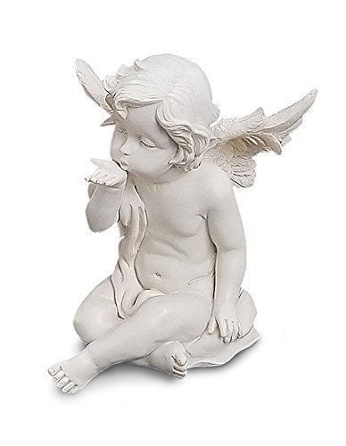 TEMPELWELT Engel Figur sitzend aus Polystein weiß 13 cm groß, schöne Deko Statue Schutzengel mit Handkuss Geste, EIN ganz persönlicher Beschützer von TEMPELWELT