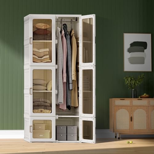 TEOSTWF DIY Tragbarer Kleiderschrank, Platzsparender modularer Kunststoffschrank mit Transparenten Türen, Schlafzimmerschrank kleiderschrank Weiss für Wohnzimmer, Schlafzimmer,69x50x170cm von TEOSTWF