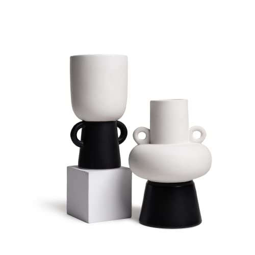 TERESA'S COLLECTIONS Matte Vase Deko in Schwarz und Weiß,2er Vasen Set,Moderne Kunstvasen Steingut Blumenvase für Heimdekoration, Wohnzimmer, Büro,muttertagsgeschenke für Mama 18,2/19,2 cm Hoch von TERESA'S COLLECTIONS