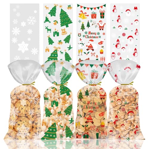 TERJBG 100 Stück Weihnachtstüten, 4 Stilen Kekstüten Weihnachten, 27x13CM / 10.6x5.1Zoll Kekse Goody Taschen mit 100 Stück Twist Krawatten, Transparent Geschenke tüten, Tütchen Zum Befüllen von TERJBG