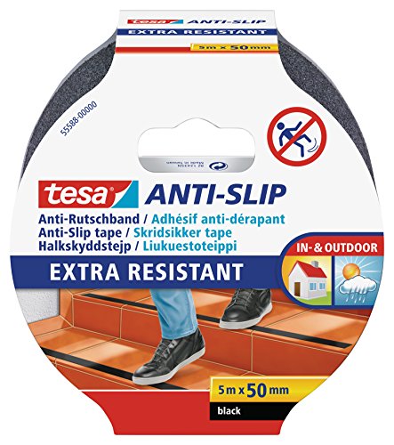 tesa Anti-Rutschband - Rutschfestes Klebeband für innen und außen - Für Treppen, Leitern und glatte Böden - Schwarz - 5 m x 25 mm von tesa