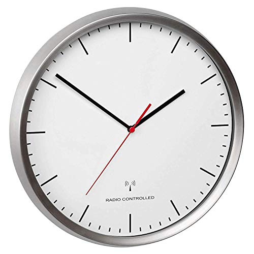 TFA Dostmann Analoge Funk-Wanduhr, 60.3521.02, Rahmen aus Edelstahl, leises Uhrwerk, höchste Genauigkeit, silber, L 305 x B 48 x H 305 mm von TFA Dostmann
