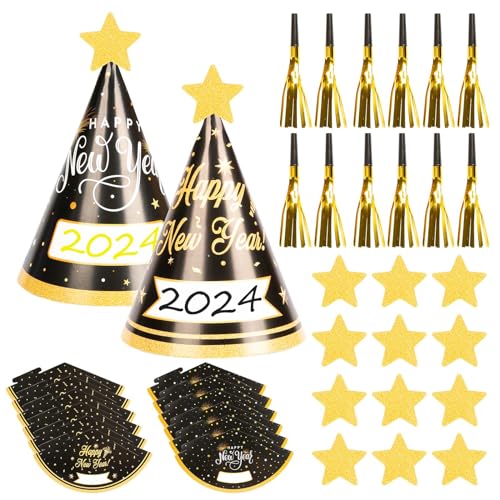 TGFIX 24Pcs Silvester Partyhüte 2024 Neujahr Partyhut Happy New Year Papierhut Schwarz Gold Neujahr Hüte Foto Requisiten Neujahrdeko für 2024 Neujahr Party Dekorationen Partyzubehör von TGFIX
